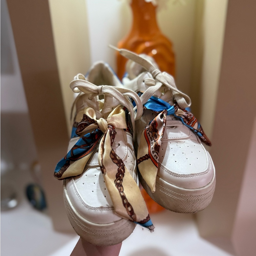 Miss Lola Cream Sneakers with Colorful Scarves
